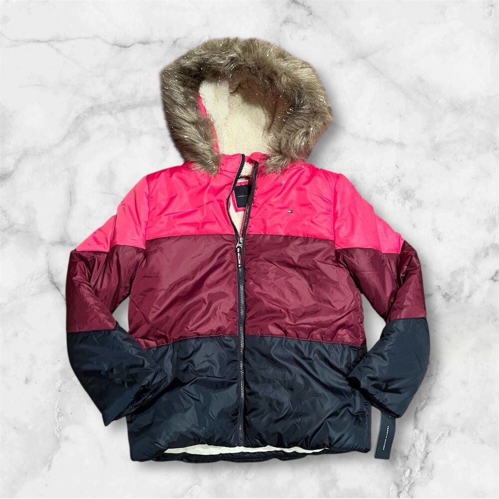 NWT Tommy‎ Hilfiger Pink Fleece Lined Hooded Puffer Jacket Youth Girl Size XL